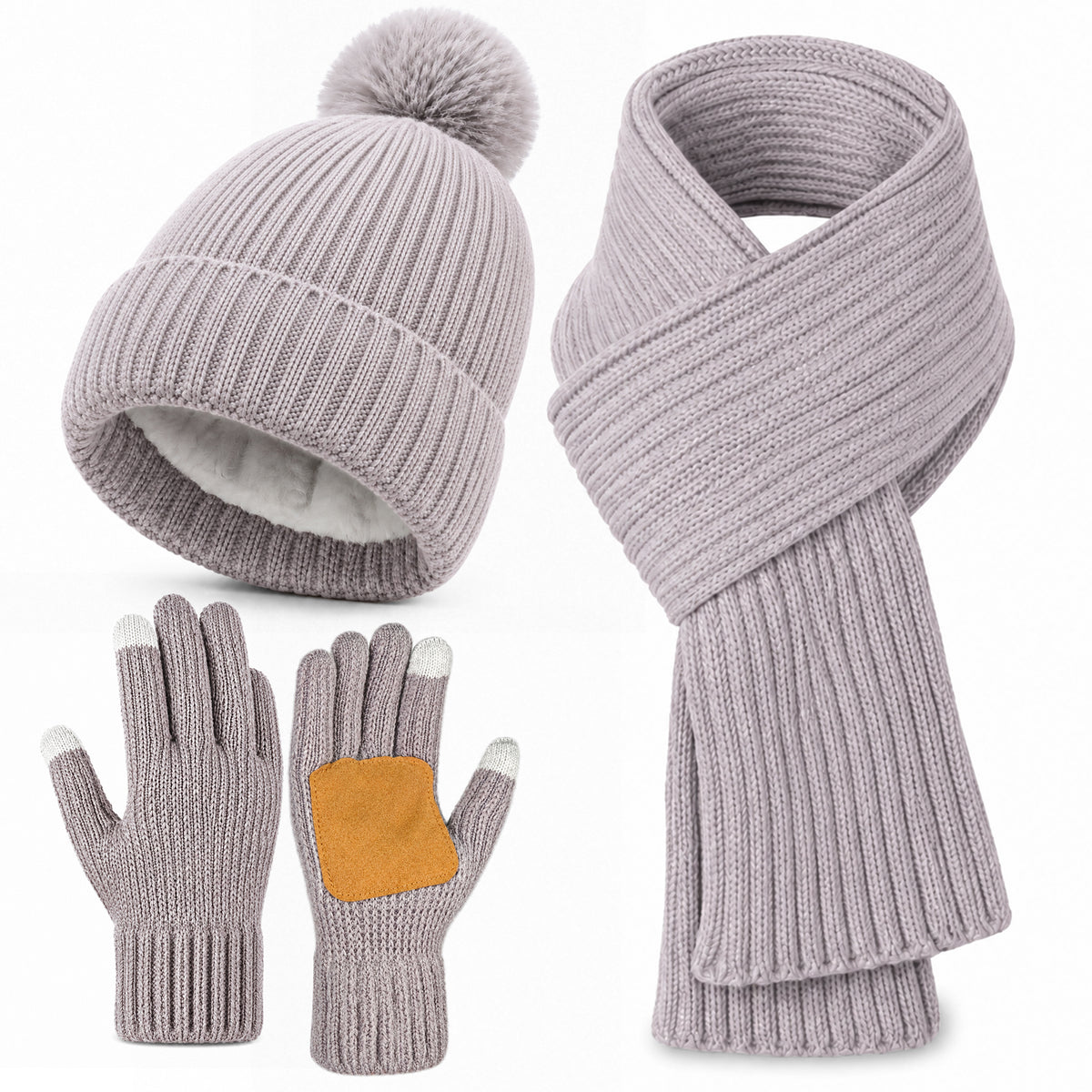 Adult Winter Warm Set, 3 PCS Winter Gloves Beanie Hat Neck Scarf Cold Weather Accessories for Men & Women - Gray