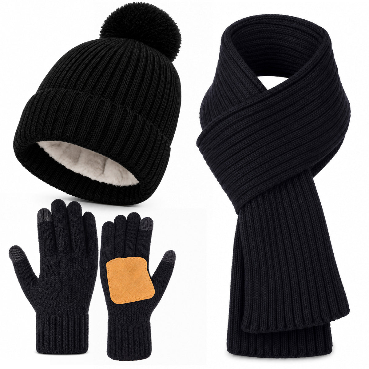 Adult Winter Warm Set, 3 PCS Winter Gloves Beanie Hat Neck Scarf Cold Weather Accessories for Men & Women - Black