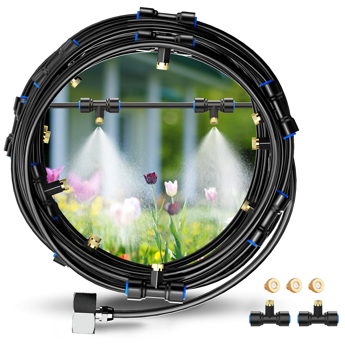 Misting Cooling System, 59FT+Extra 13FT Misting Line, Misters System for Outdoor Patio Garden Greenhouse Pasture with 18 T-Joints & 18 Misting Nozzles & Brass Adapter
