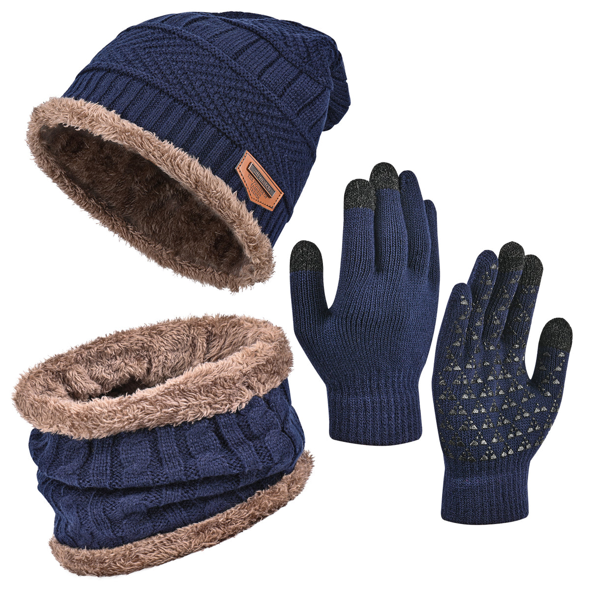 3 PCS Winter Warm Set, Winter Gloves Beanie Hat Neck Scarf Cold Weather Accessories for Men & Women - Navy Blue