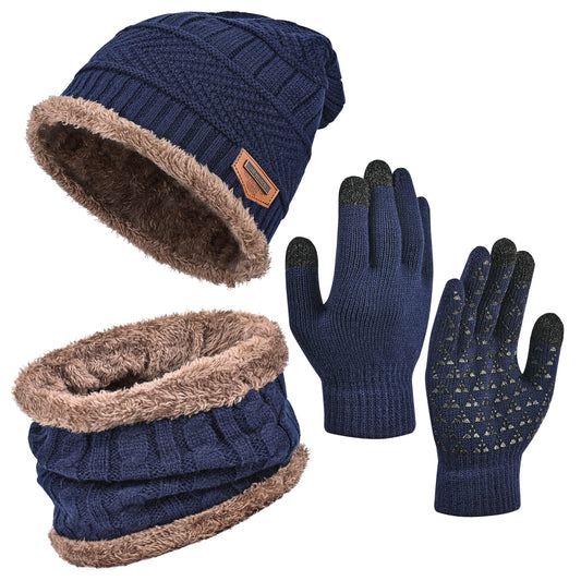 3 PCS Winter Warm Set, Winter Gloves Beanie Hat Neck Scarf Cold Weather Accessories for Men & Women - Navy Blue