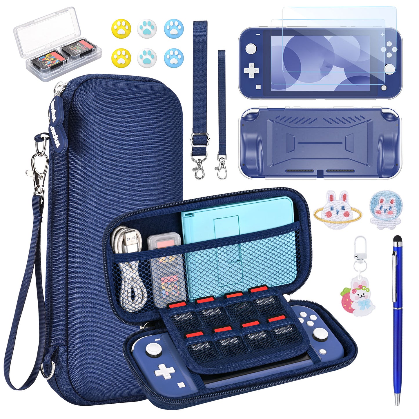 Switch Lite Case, 17 in 1 Switch Lite Accessories Bundle with Lite Carrying Case, Game Case, Screen Protector, Stand, Thumb Grips - Blue