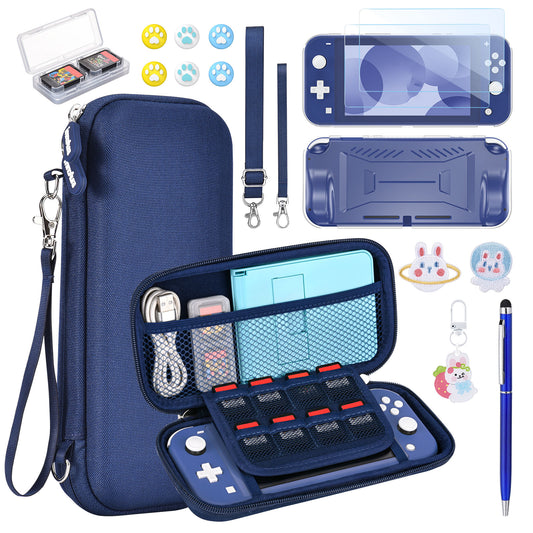 Switch Lite Case, 17 in 1 Switch Lite Accessories Bundle with Lite Carrying Case, Game Case, Screen Protector, Stand, Thumb Grips - Blue