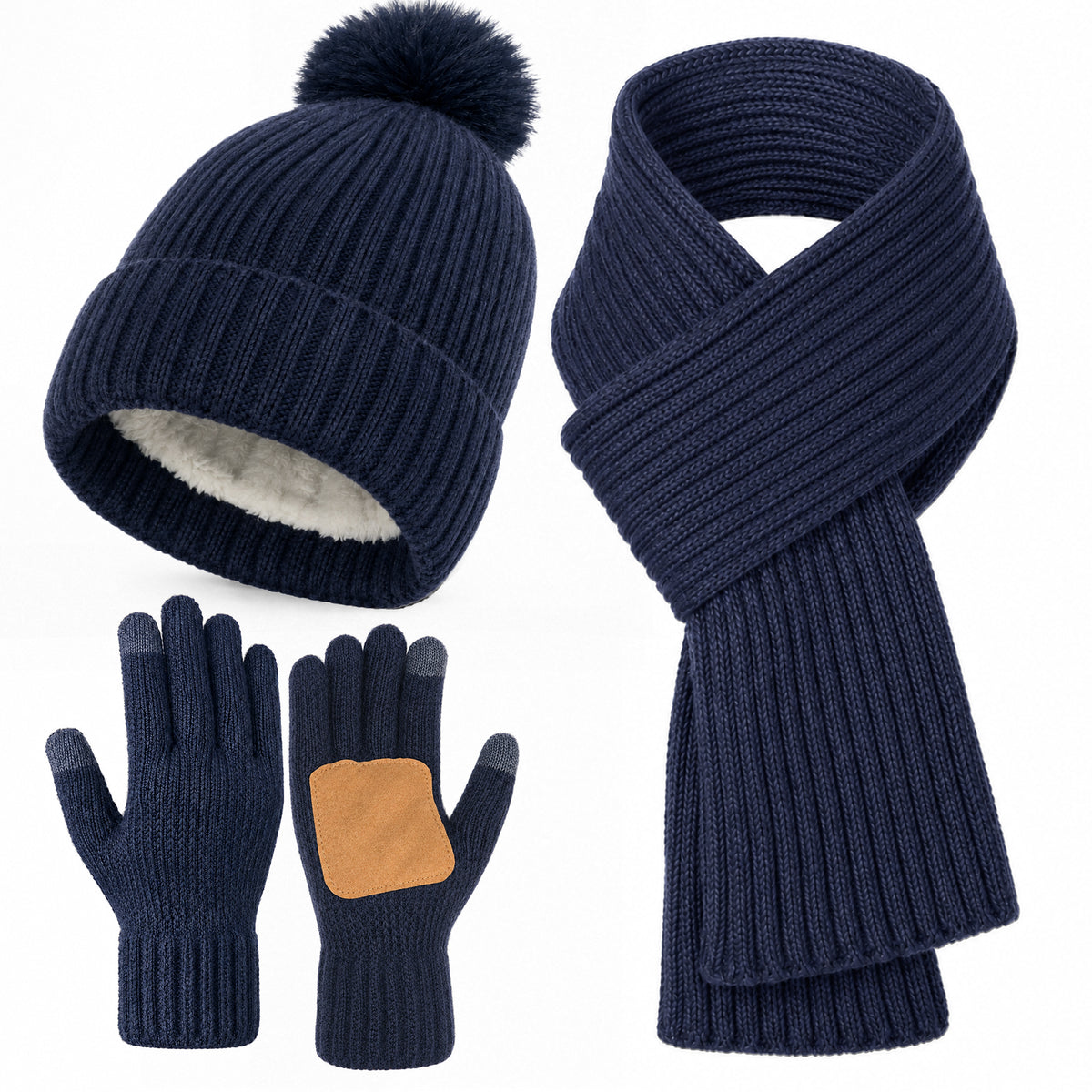 Adult Winter Warm Set, 3 PCS Winter Gloves Beanie Hat Neck Scarf Cold Weather Accessories for Men & Women - Navy Blue