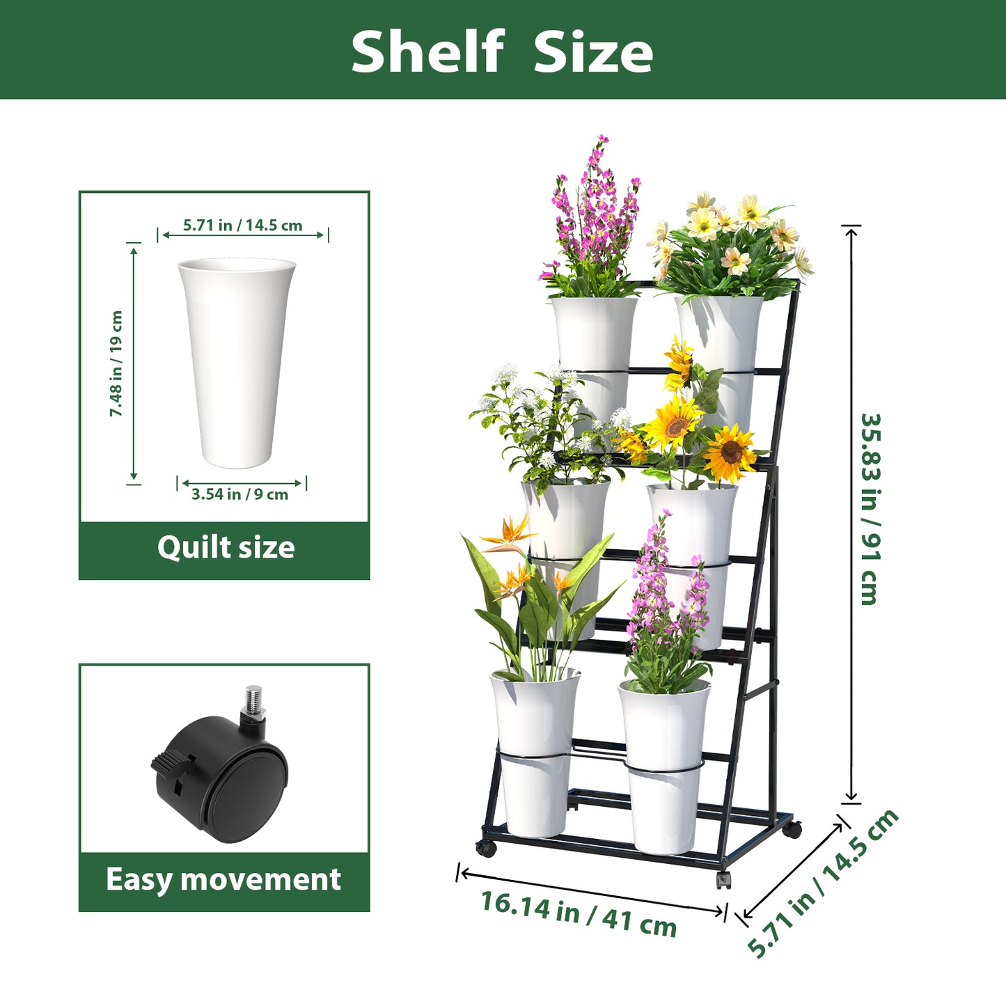 Flower Display Stand, 3 Layers Metal Plant Stand with Wheels, Multi-Purpose Storage, for Florist Indoor Wedding Dector, Black
