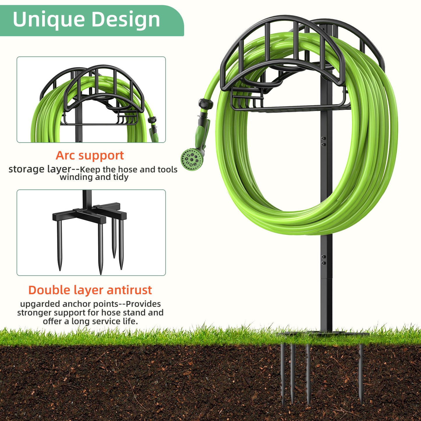Garden Hose Holder with Basket, Freestanding Water Hose Reels Hanger, Detachable Heavy Duty Metal Water Hose Storage Stand Rack