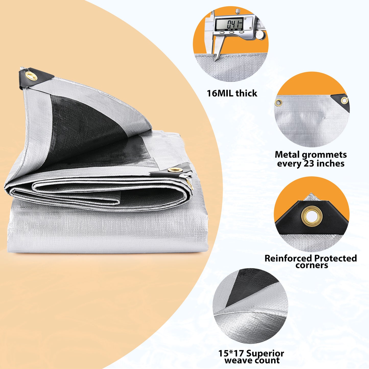 Tarps Heavy Duty Waterproof 10’ X 12’, Extra Thick 16 Mil, Tear & Fade Resistant, 100% UV Blocking, Outdoor Tarp with Reinforced Grommets for Roof, Camping, Patio, Pool, Boat(Silver/Black)