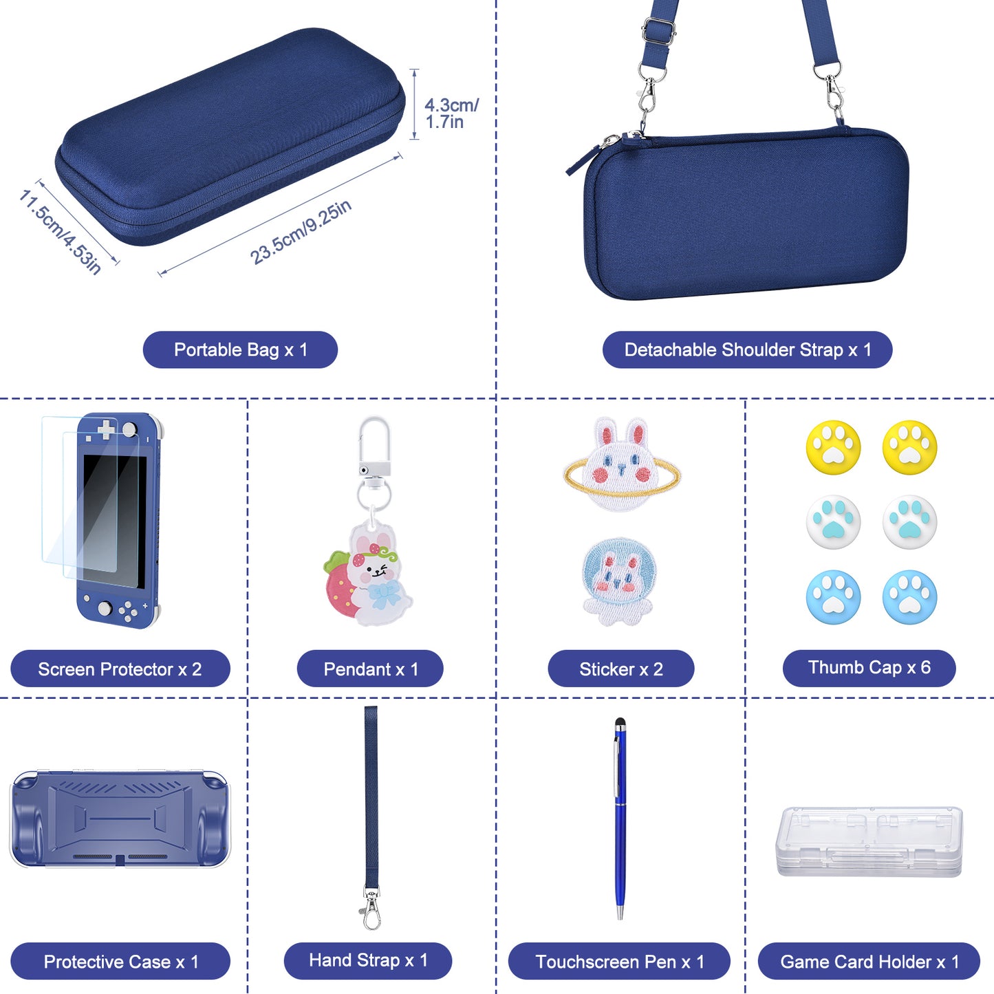 Switch Lite Case, 17 in 1 Switch Lite Accessories Bundle with Lite Carrying Case, Game Case, Screen Protector, Stand, Thumb Grips - Blue