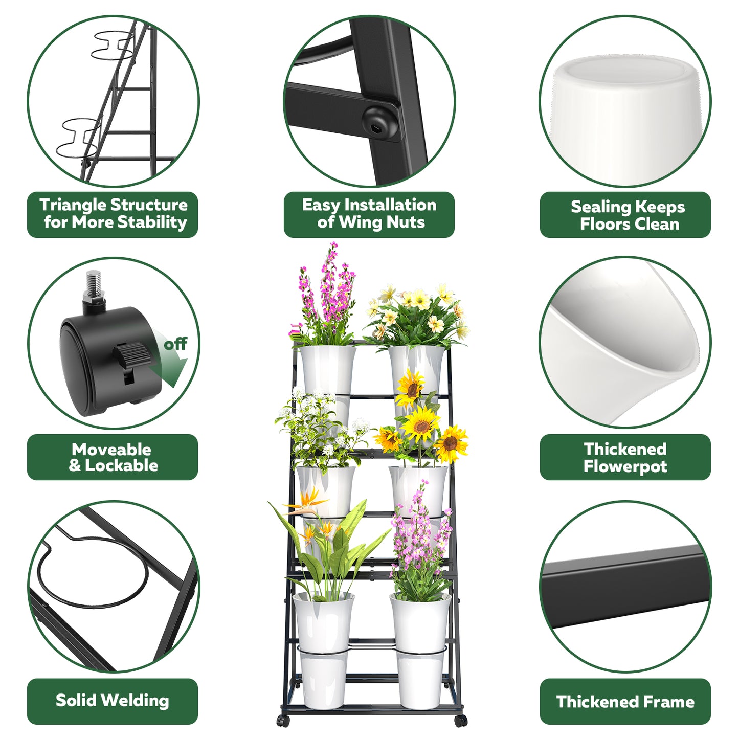 Flower Display Stand, 3 Layers Metal Plant Stand with Wheels, Multi-Purpose Storage, for Florist Indoor Wedding Dector, Black
