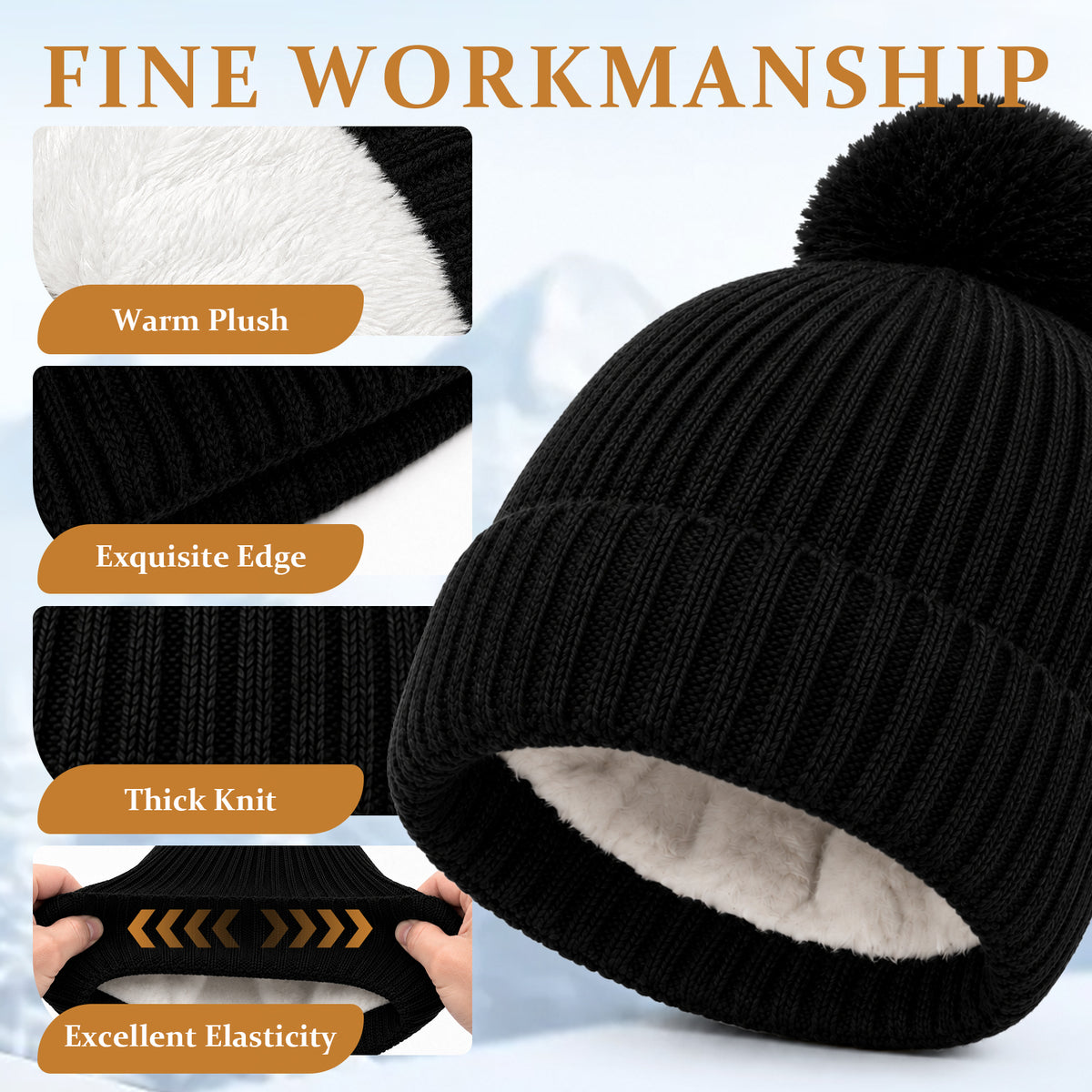 Adult Winter Warm Set, 3 PCS Winter Gloves Beanie Hat Neck Scarf Cold Weather Accessories for Men & Women - Black