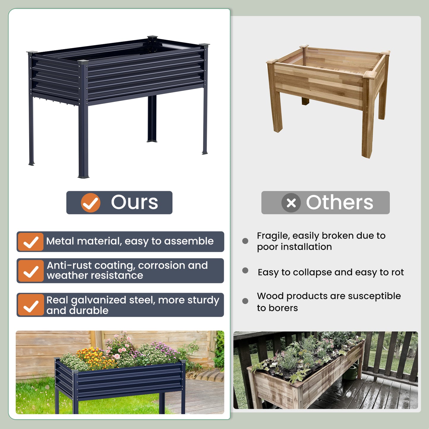 Raised Garden Bed with Legs, 48×24×32in Outdoor Metal Galvanized Elevated Planter Box with Glove, Socket Wrench, Screwdriver for Vegetables, Flower, Backyard, Patio, Balcony - Dark Blue