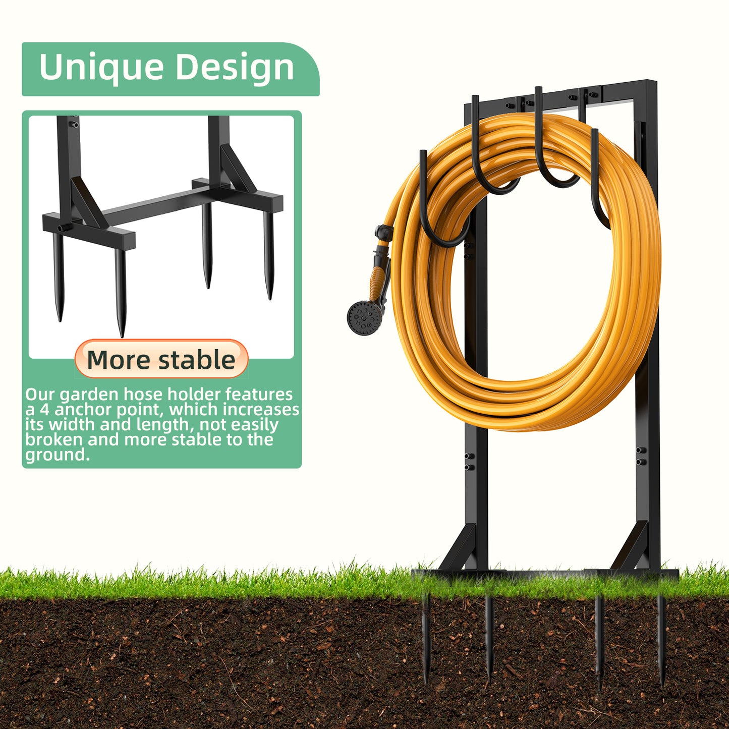Garden Hose Holder, Freestanding Water Hose Holder Hanger with 6 Hooks, Detachable Heavy Duty Metal Water Hose Reels Stand Rack