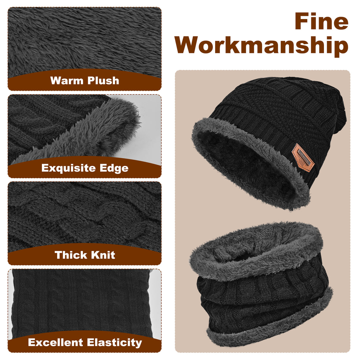 3 PCS Winter Warm Set, Winter Gloves Beanie Hat Neck Scarf Cold Weather Accessories for Men & Women - Black
