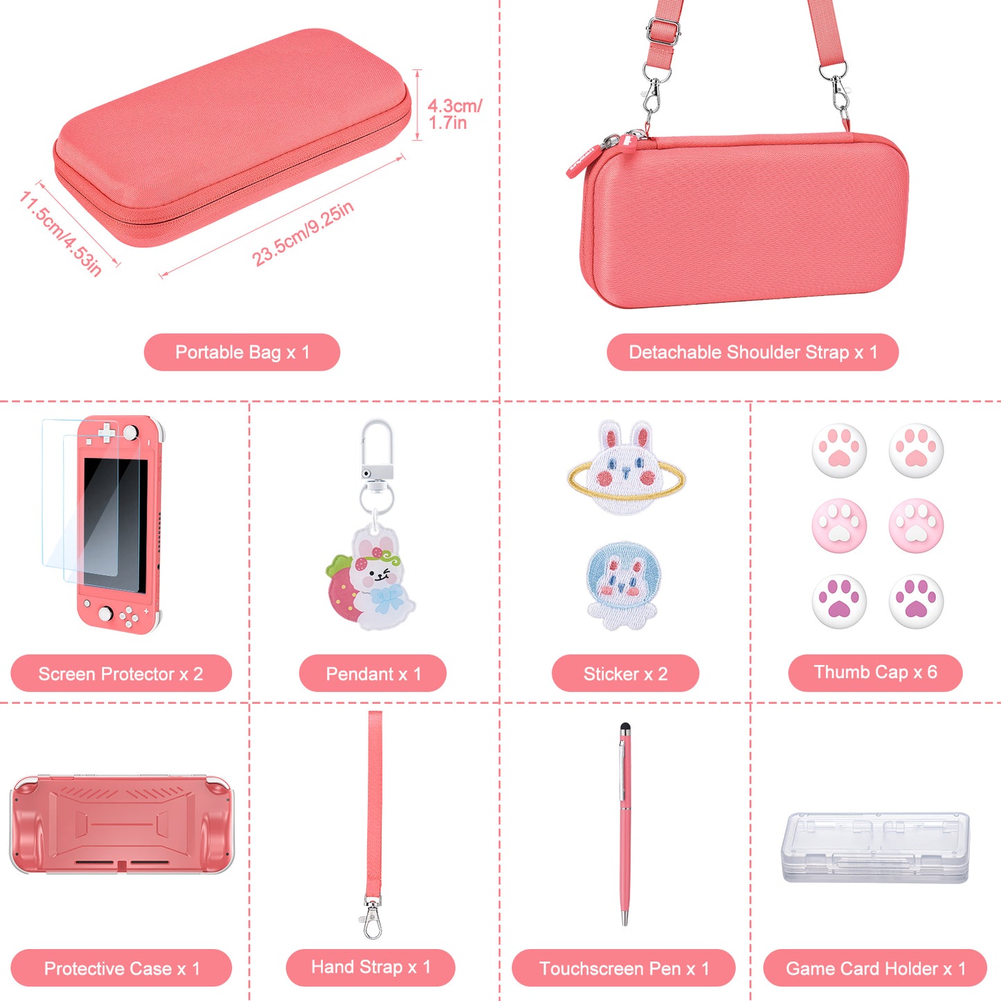 Switch Lite Case, 17 in 1 Switch Lite Accessories Bundle with Carrying Case, Game Case, Screen Protector, Stand, Thumb Grips - Pink