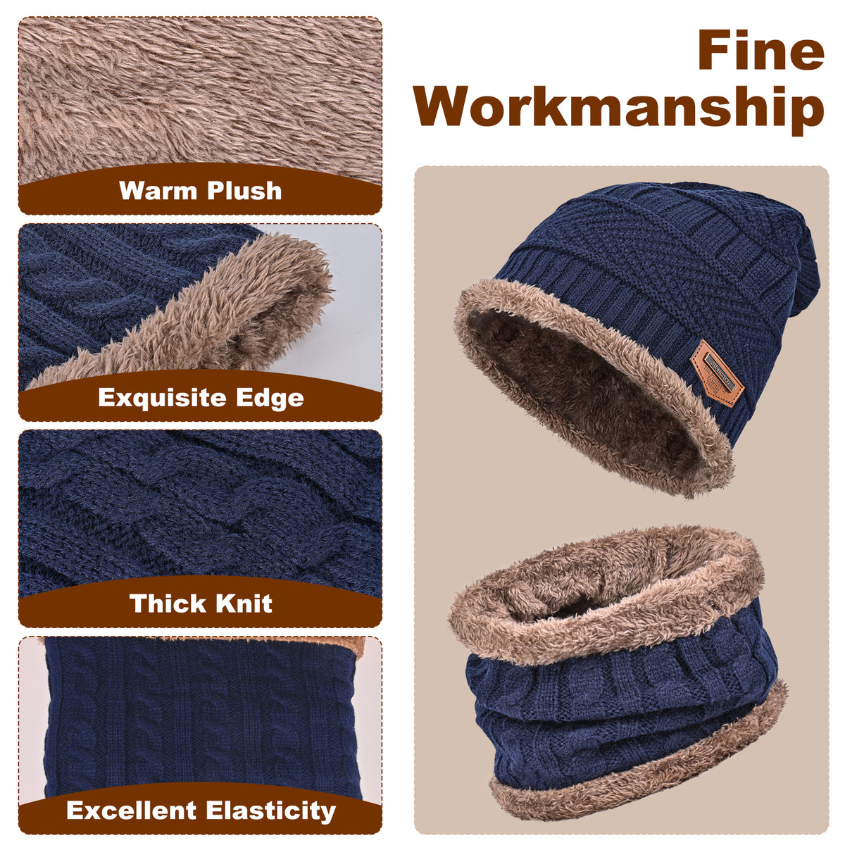 3 PCS Winter Warm Set, Winter Gloves Beanie Hat Neck Scarf Cold Weather Accessories for Men & Women - Navy Blue