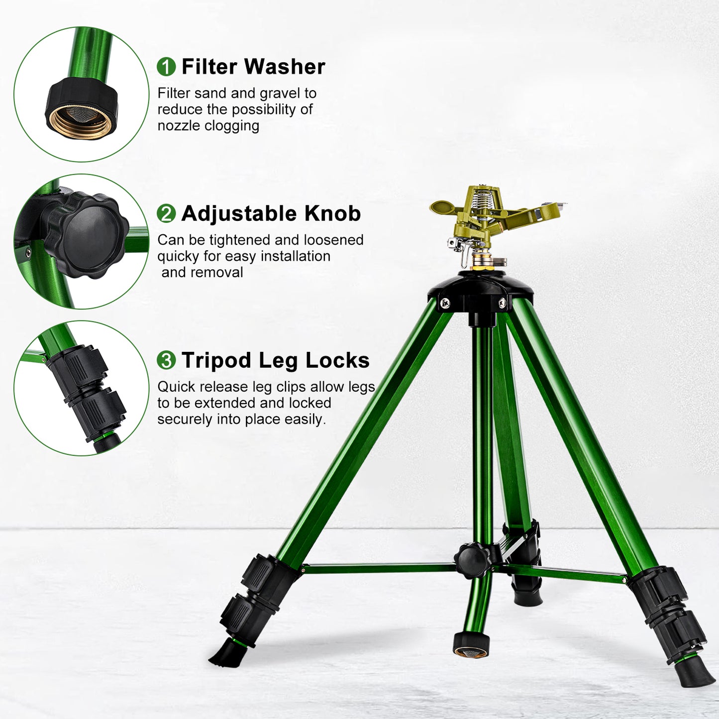 Lawn Sprinklers for Yard, 360°Tripod Sprinklers for Large Area, 3/4" Connector, Adjustable Height 16-37”, Heavy Duty Sprinklers for Garden, Yard, Patio