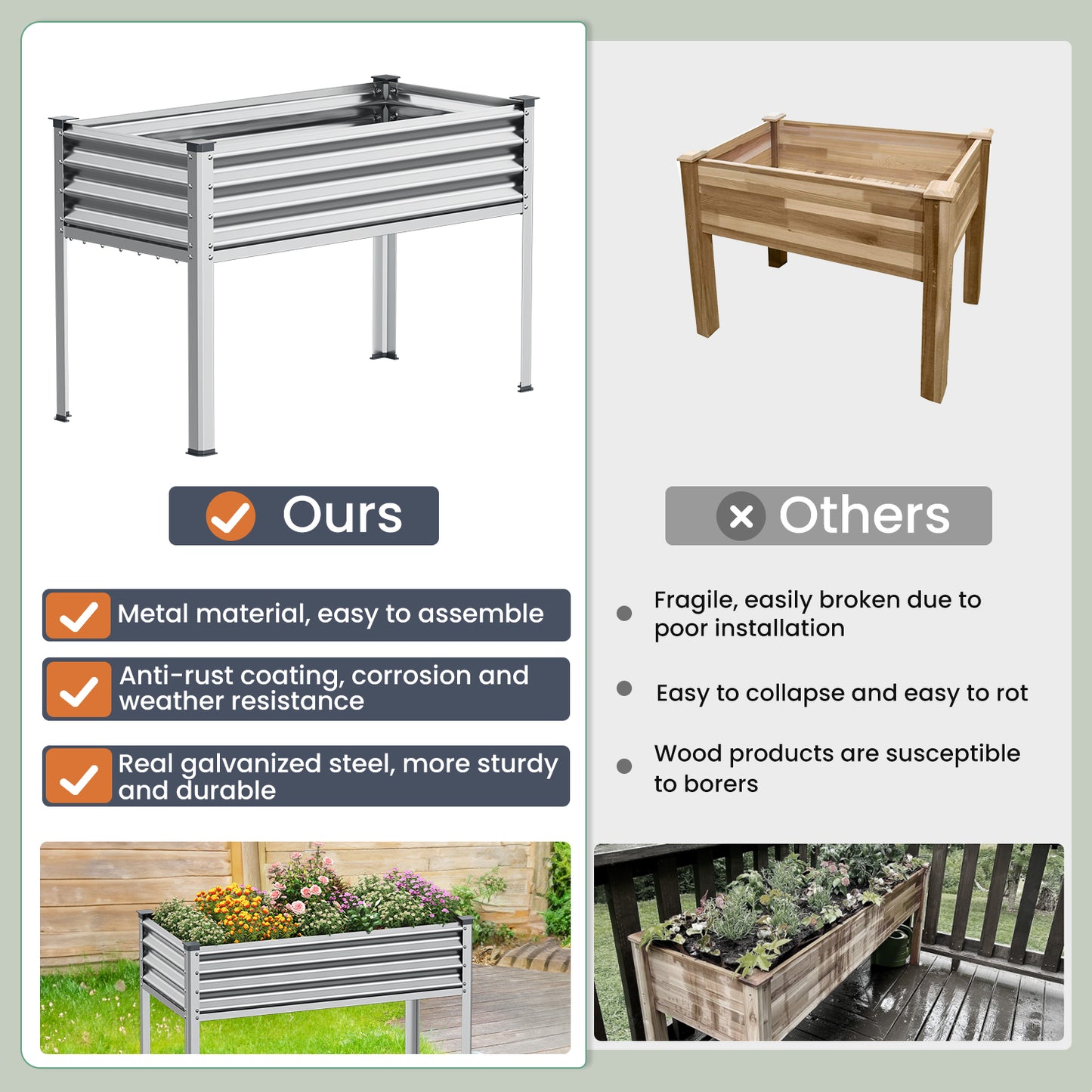 48"×24"×32" Raised Garden Bed with Legs, Outdoor Galvanized Steel Metal Elevated Planter Box with Glove, Socket Wrench, Screwdriver for Outdoor Gardening - Sliver