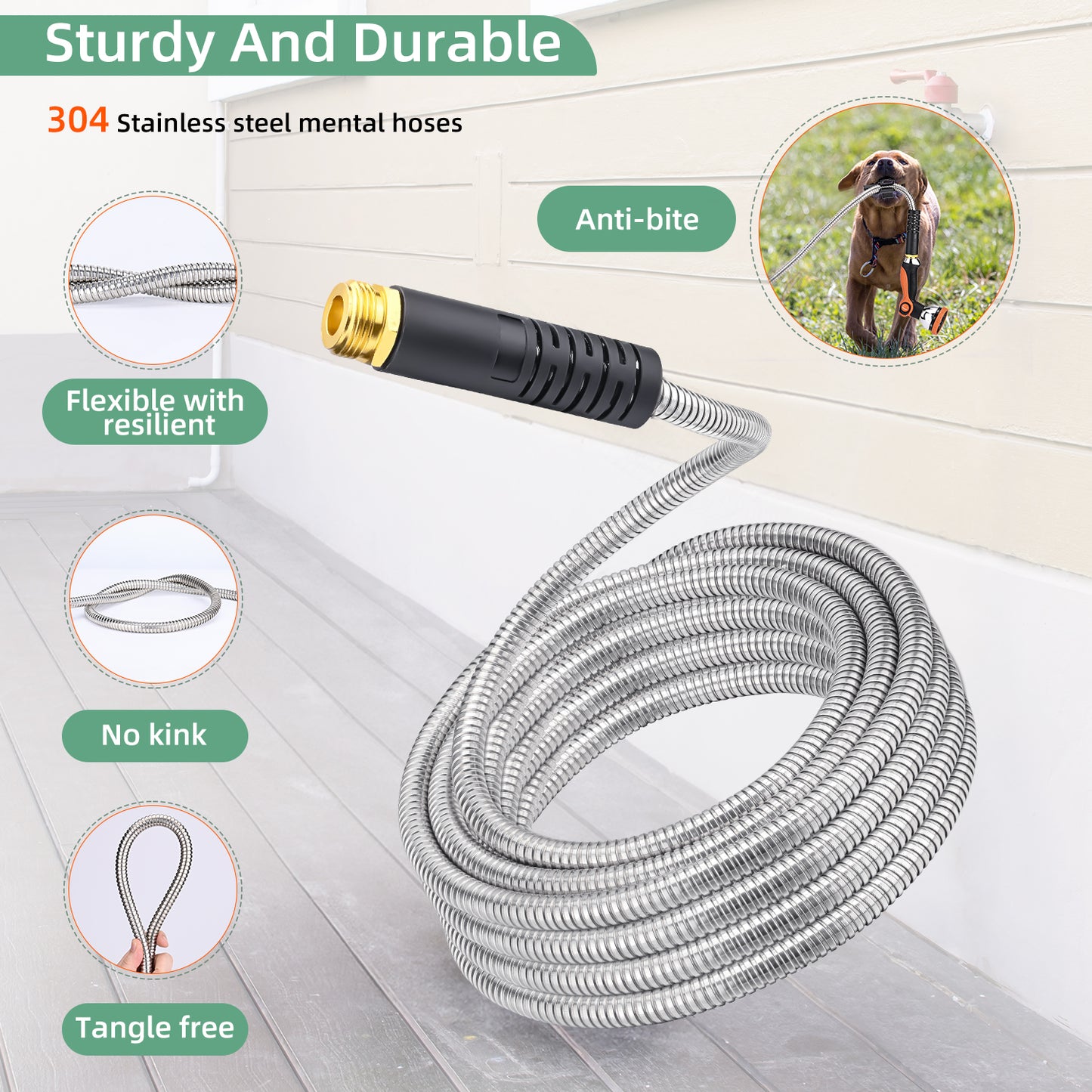 100ft 304 Stainless Steel Garden Hose Metal, Heavy Duty Water Hoses with Splitter & 6 Extra Rubber Washers for Lawn Watering, Outdoor - Flexible, Never Kink & Tangle, Puncture Resistant