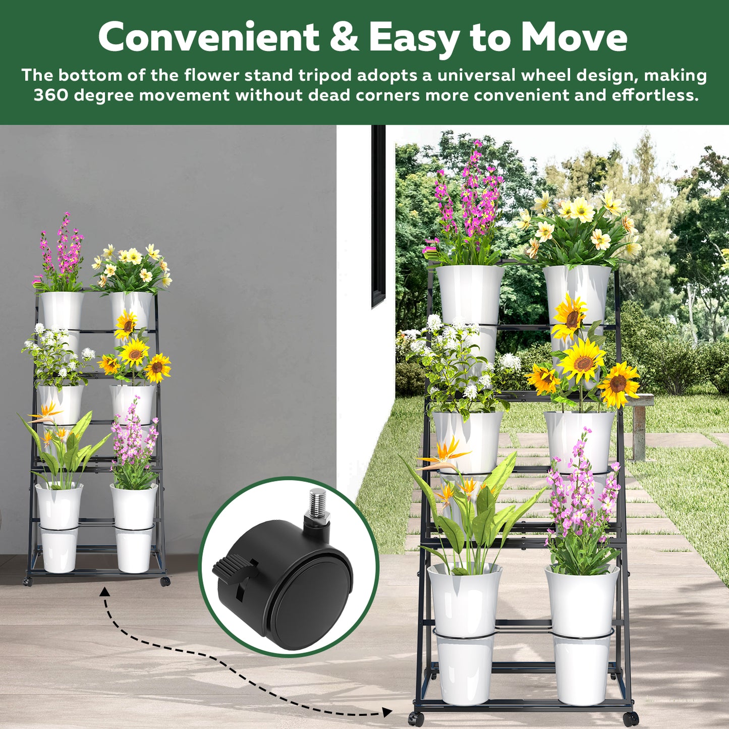 Flower Display Stand, 3 Layers Metal Plant Stand with Wheels, Multi-Purpose Storage, for Florist Indoor Wedding Dector, Black