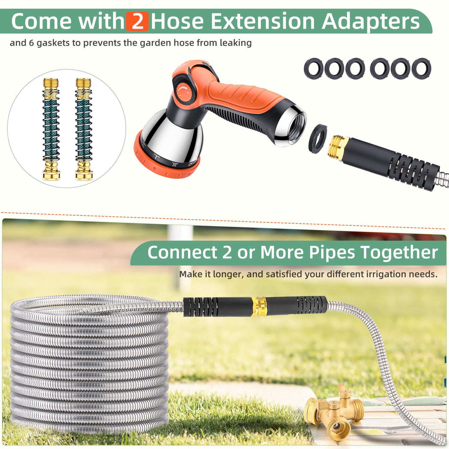 100ft 304 Stainless Steel Garden Hose Metal, Heavy Duty Water Hoses with Splitter & 6 Extra Rubber Washers for Lawn Watering, Outdoor - Flexible, Never Kink & Tangle, Puncture Resistant