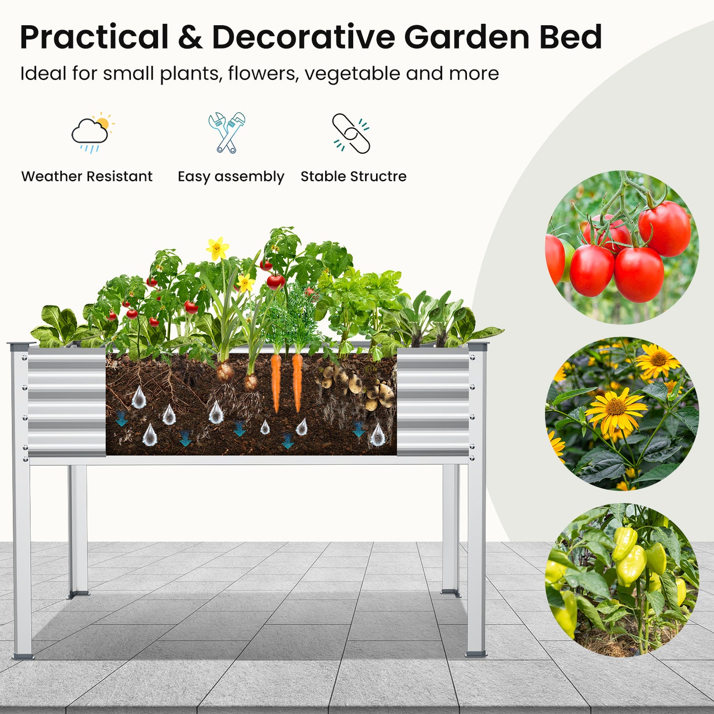 48"×24"×32" Raised Garden Bed with Legs, Outdoor Galvanized Steel Metal Elevated Planter Box with Glove, Socket Wrench, Screwdriver for Outdoor Gardening - Sliver