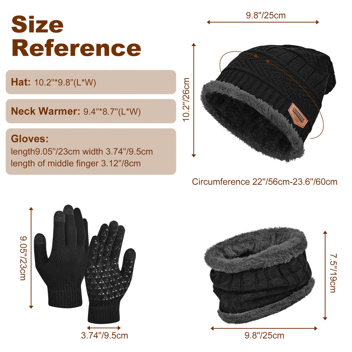 3 PCS Winter Warm Set, Winter Gloves Beanie Hat Neck Scarf Cold Weather Accessories for Men & Women - Black