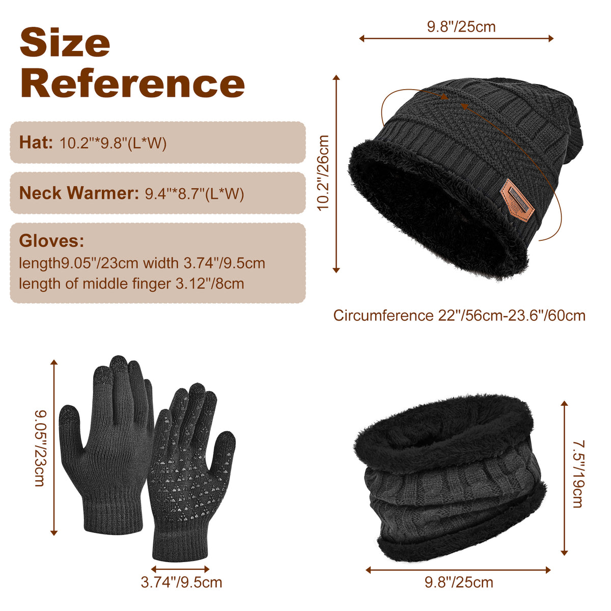 3 PCS Winter Warm Set, Winter Gloves Beanie Hat Neck Scarf Cold Weather Accessories for Men & Women - Gray