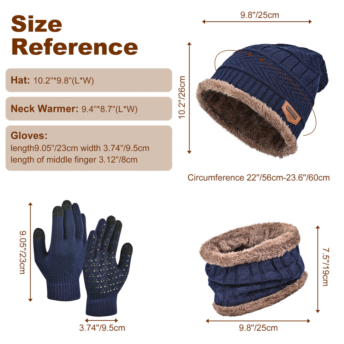 3 PCS Winter Warm Set, Winter Gloves Beanie Hat Neck Scarf Cold Weather Accessories for Men & Women - Navy Blue