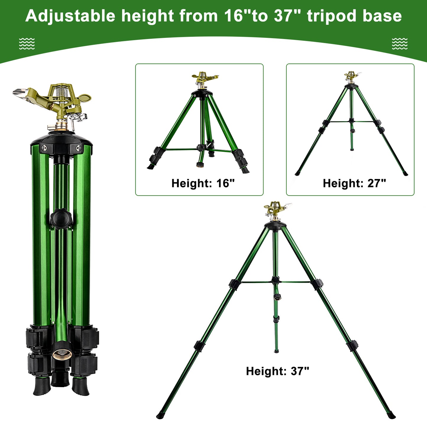 Lawn Sprinklers for Yard, 360°Tripod Sprinklers for Large Area, 3/4" Connector, Adjustable Height 16-37”, Heavy Duty Sprinklers for Garden, Yard, Patio
