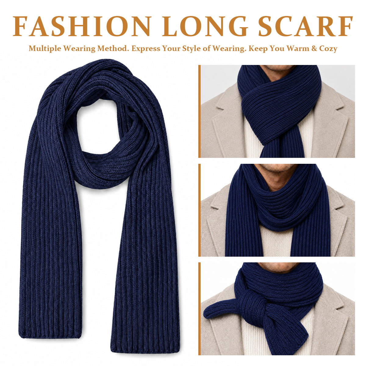 Adult Winter Warm Set, 3 PCS Winter Gloves Beanie Hat Neck Scarf Cold Weather Accessories for Men & Women - Navy Blue