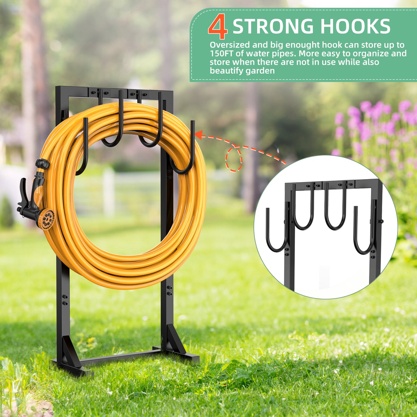 Garden Hose Holder, Freestanding Water Hose Holder Hanger with 6 Hooks, Detachable Heavy Duty Metal Water Hose Reels Stand Rack