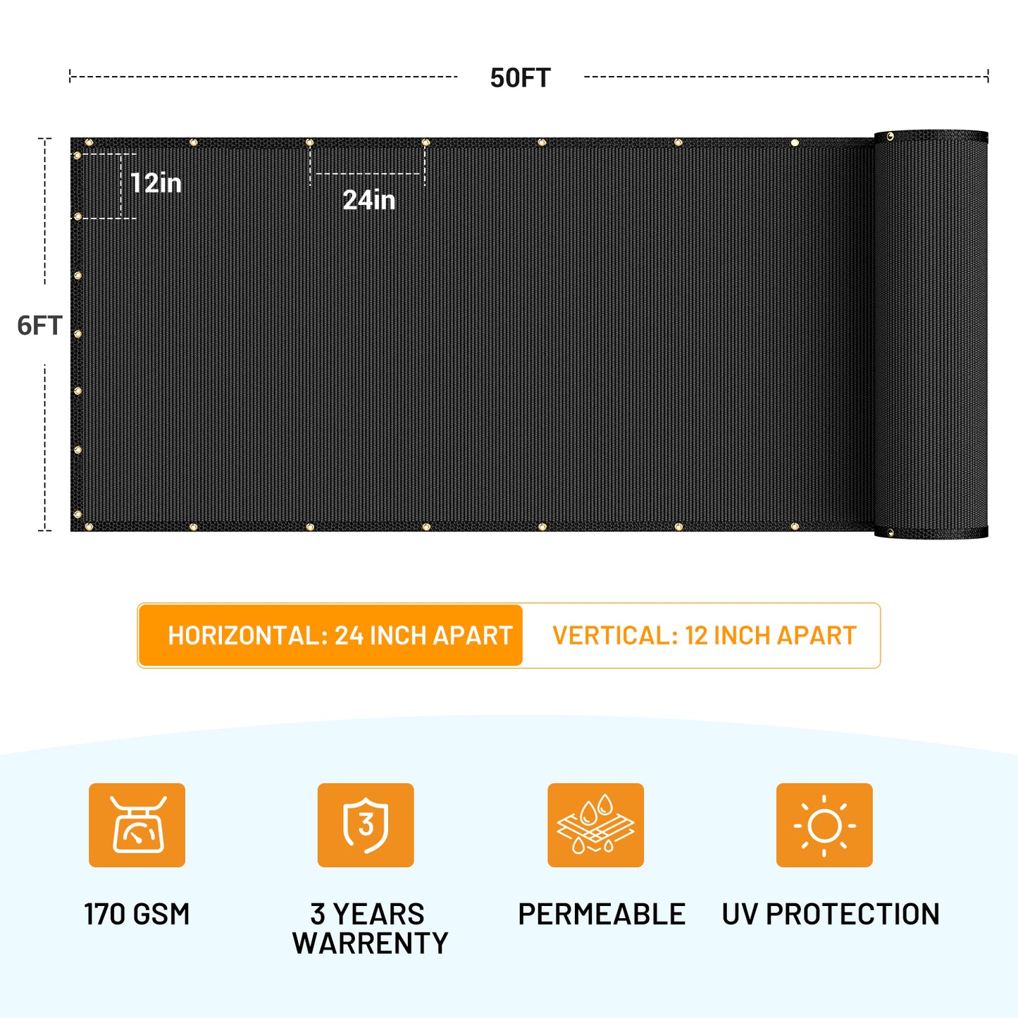 6*50FT Privacy Fence Screen, 90% Shade Cover with Brass Grommets Heavy Duty Perfect for Outdoor Back Yard, Black