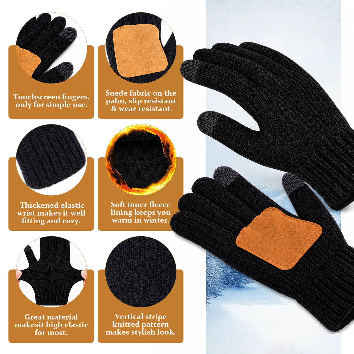 Adult Winter Warm Set, 3 PCS Winter Gloves Beanie Hat Neck Scarf Cold Weather Accessories for Men & Women - Black