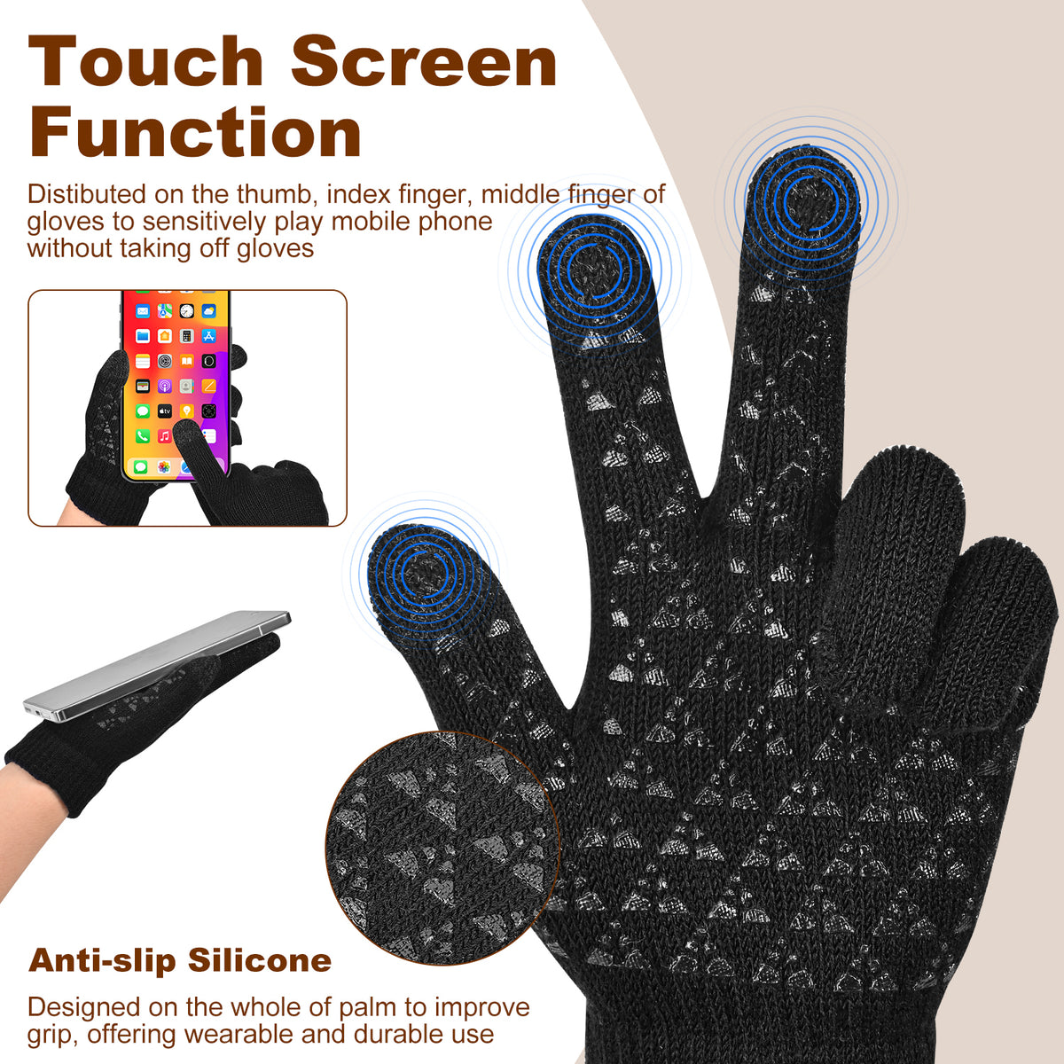 3 PCS Winter Warm Set, Winter Gloves Beanie Hat Neck Scarf Cold Weather Accessories for Men & Women - Black
