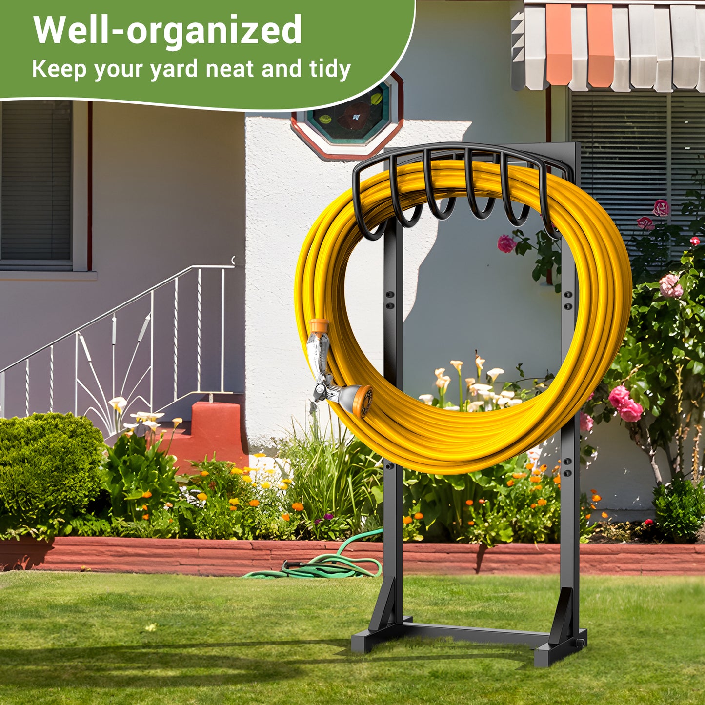 Garden Hose Holder Freestanding, Heavy Duty Metal Water Hose Reels for Outside, Detachable Garden Hose Storage Stand Rack, Black