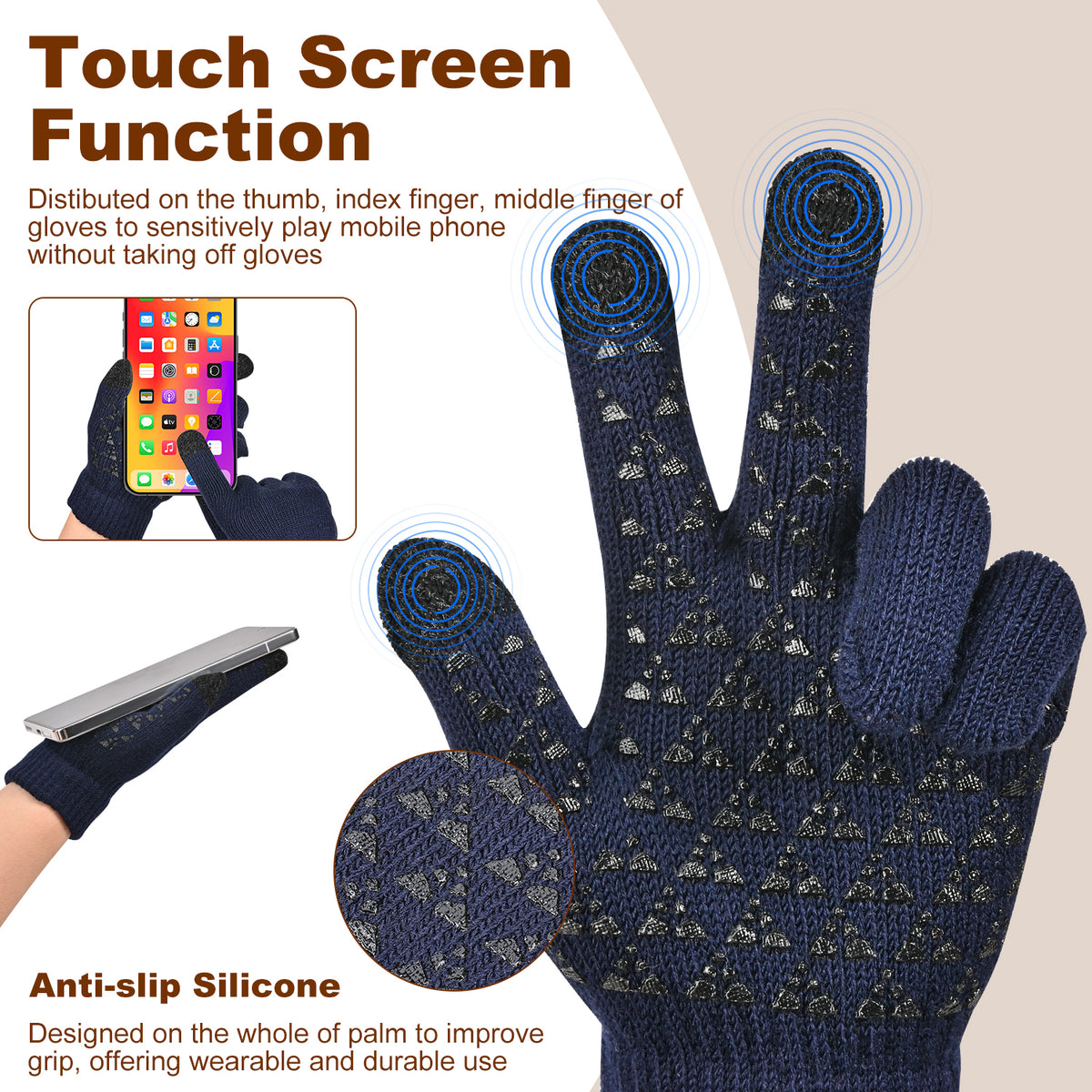 3 PCS Winter Warm Set, Winter Gloves Beanie Hat Neck Scarf Cold Weather Accessories for Men & Women - Navy Blue