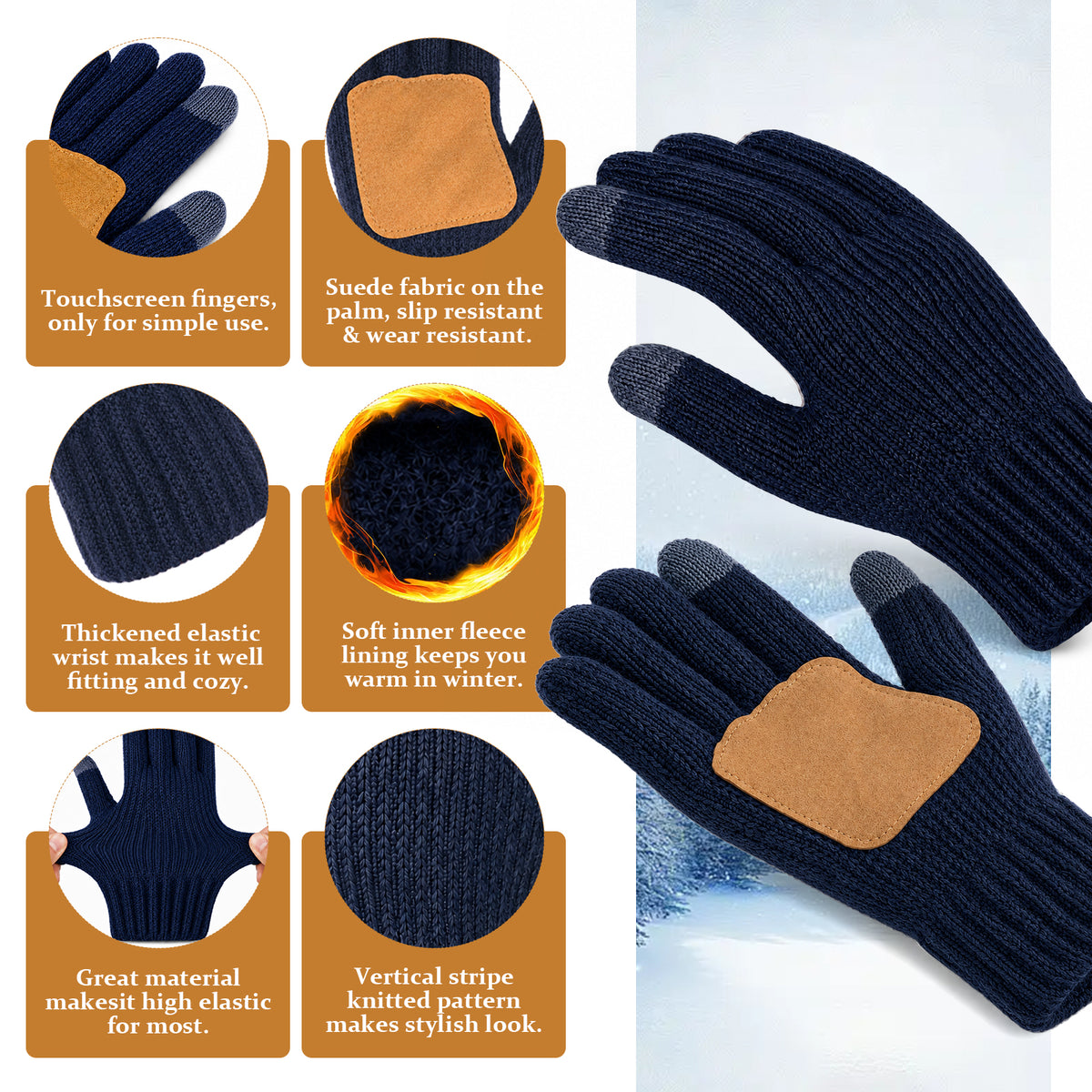 Adult Winter Warm Set, 3 PCS Winter Gloves Beanie Hat Neck Scarf Cold Weather Accessories for Men & Women - Navy Blue