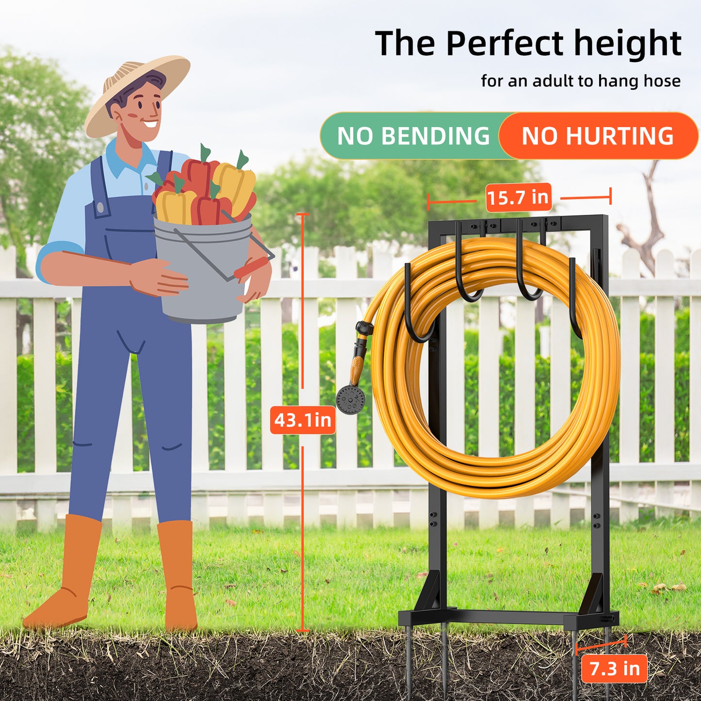 Garden Hose Holder, Freestanding Water Hose Holder Hanger with 6 Hooks, Detachable Heavy Duty Metal Water Hose Reels Stand Rack