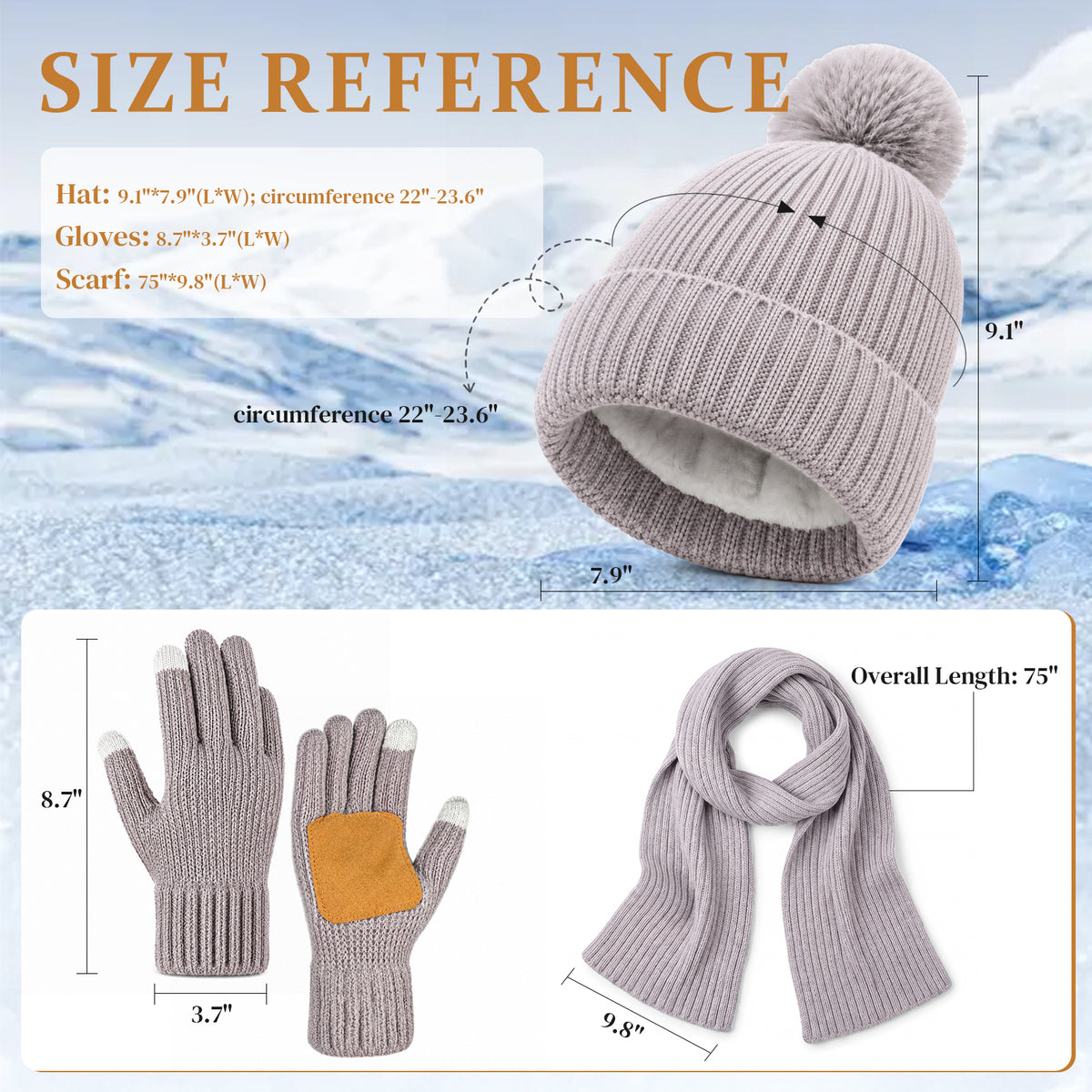 Adult Winter Warm Set, 3 PCS Winter Gloves Beanie Hat Neck Scarf Cold Weather Accessories for Men & Women - Gray