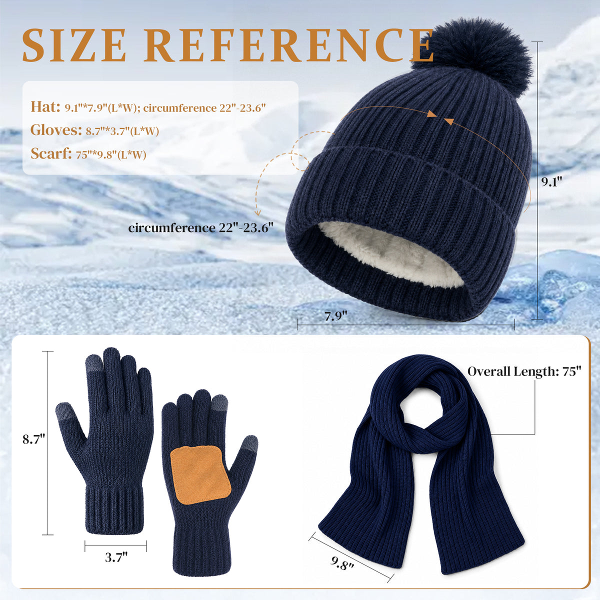 Adult Winter Warm Set, 3 PCS Winter Gloves Beanie Hat Neck Scarf Cold Weather Accessories for Men & Women - Navy Blue
