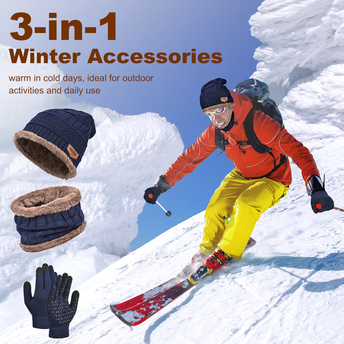 3 PCS Winter Warm Set, Winter Gloves Beanie Hat Neck Scarf Cold Weather Accessories for Men & Women - Navy Blue