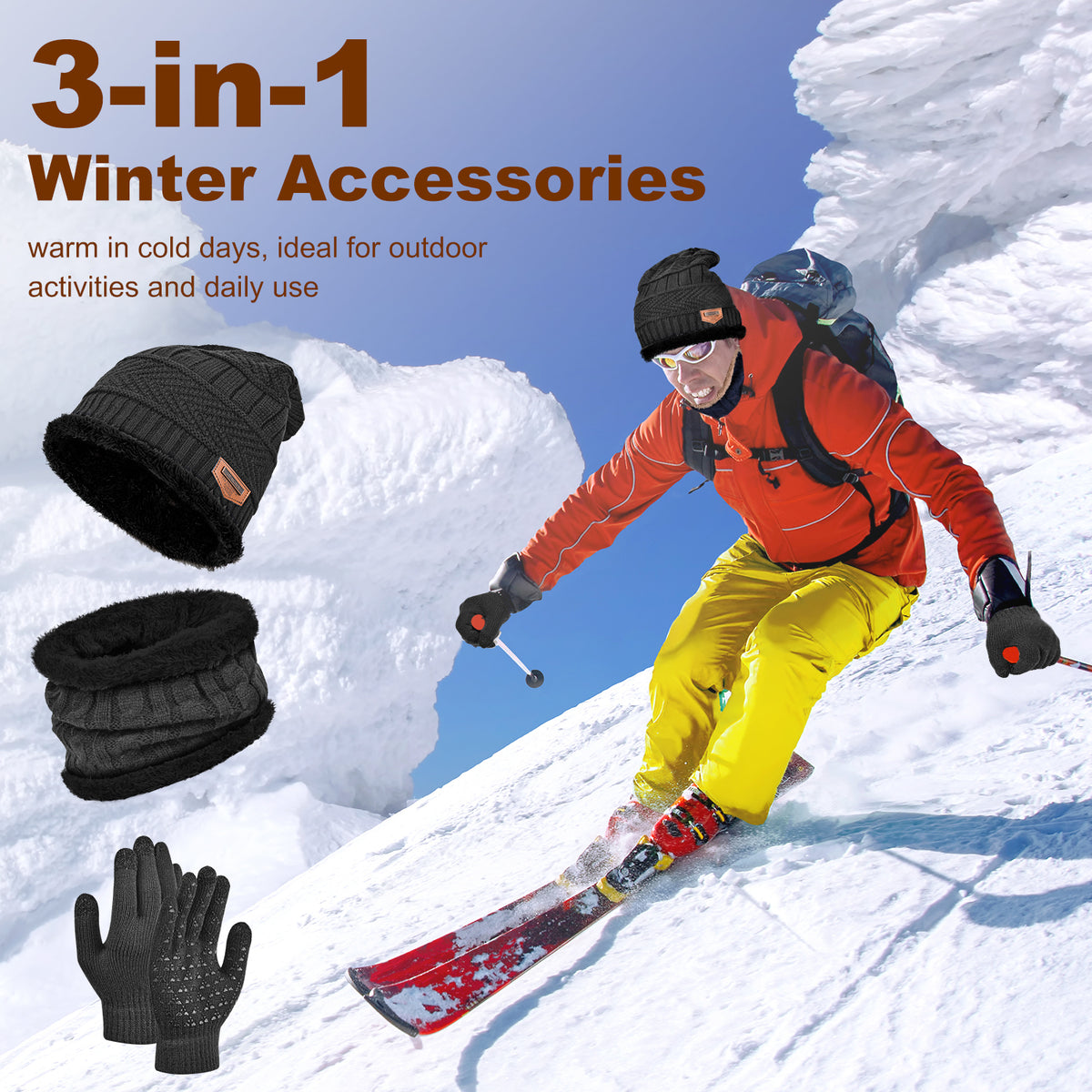 3 PCS Winter Warm Set, Winter Gloves Beanie Hat Neck Scarf Cold Weather Accessories for Men & Women - Gray