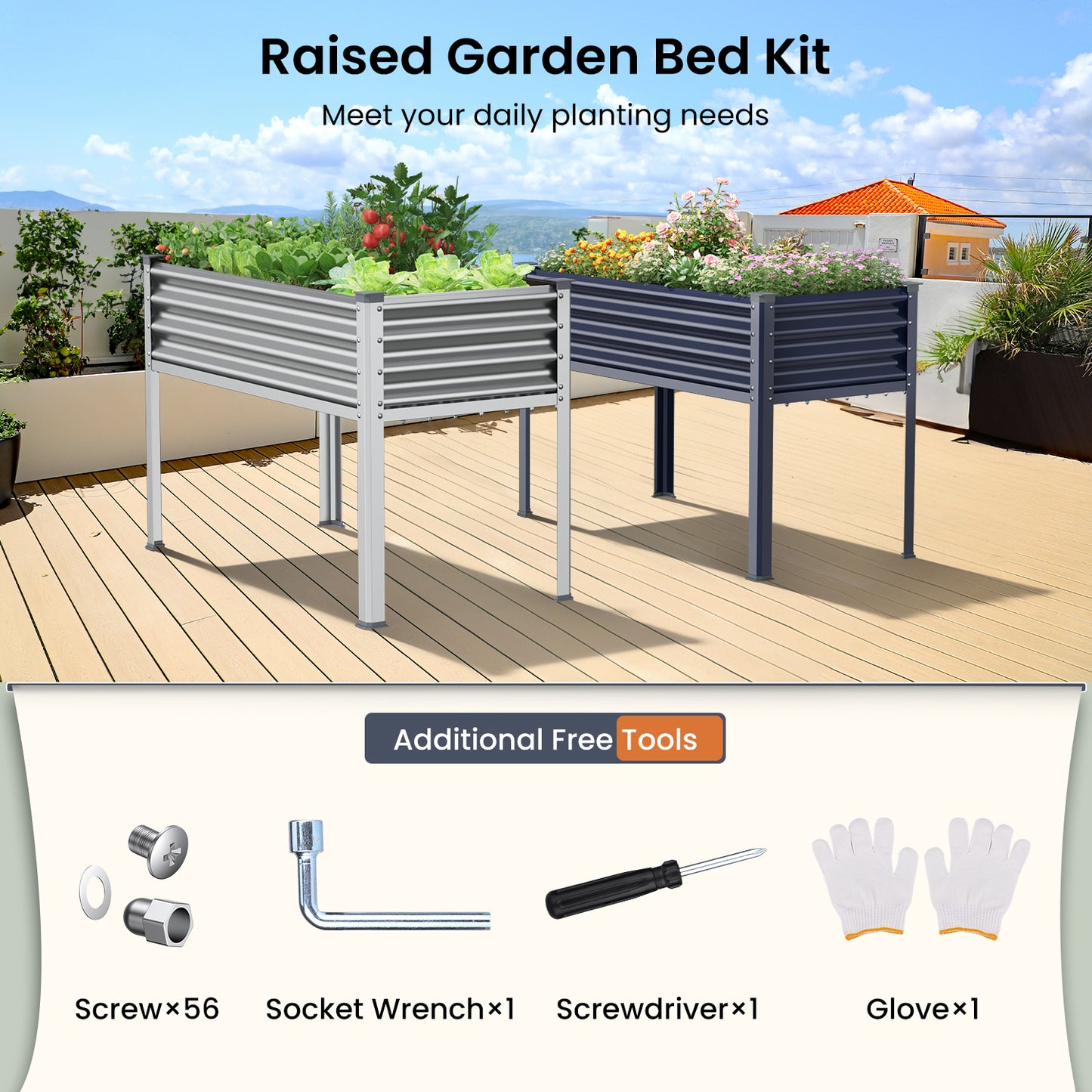 48"×24"×32" Raised Garden Bed with Legs, Outdoor Galvanized Steel Metal Elevated Planter Box with Glove, Socket Wrench, Screwdriver for Outdoor Gardening - Sliver