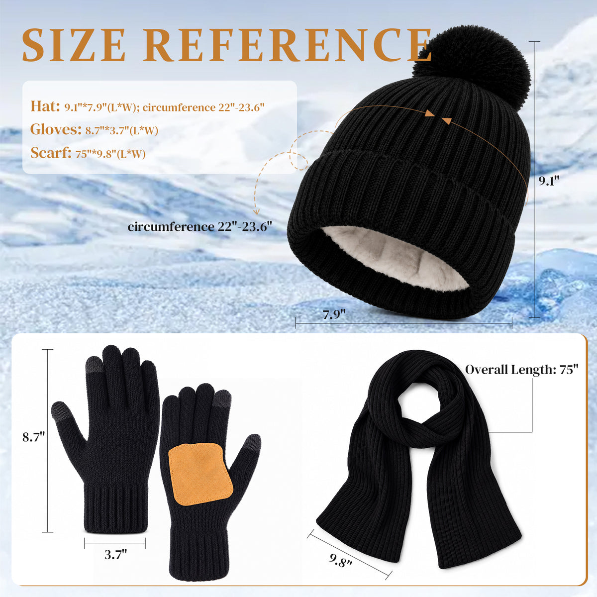 Adult Winter Warm Set, 3 PCS Winter Gloves Beanie Hat Neck Scarf Cold Weather Accessories for Men & Women - Black