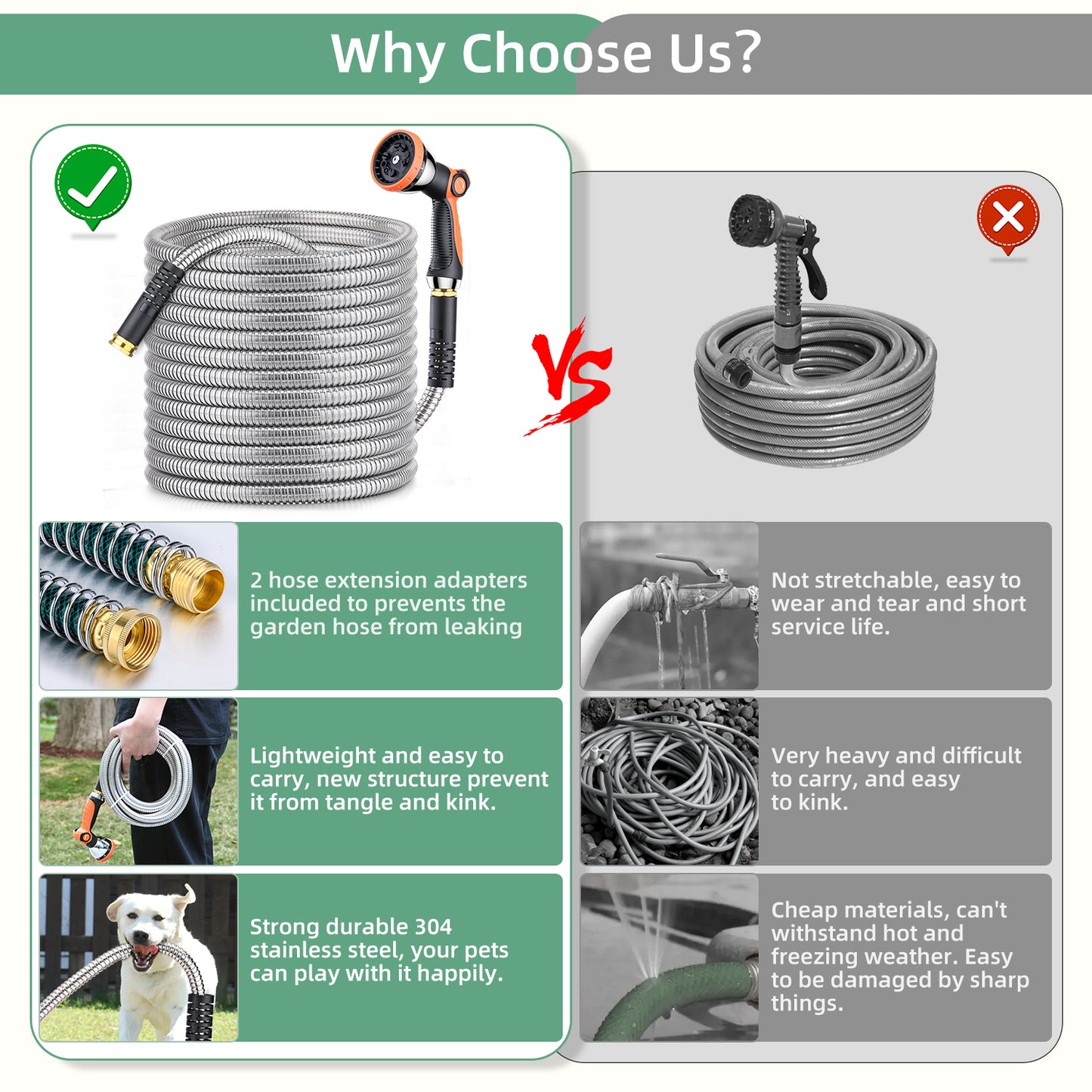100ft 304 Stainless Steel Garden Hose Metal, Heavy Duty Water Hoses with Splitter & 6 Extra Rubber Washers for Lawn Watering, Outdoor - Flexible, Never Kink & Tangle, Puncture Resistant