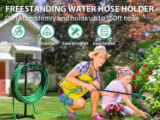 Garden Hose Holder, Heavy Duty Freestanding Hose Hanger Holds 150ft Hose, Outdoor Detachable Metal Water Hose Holder Stand Rack for Yard Lawn