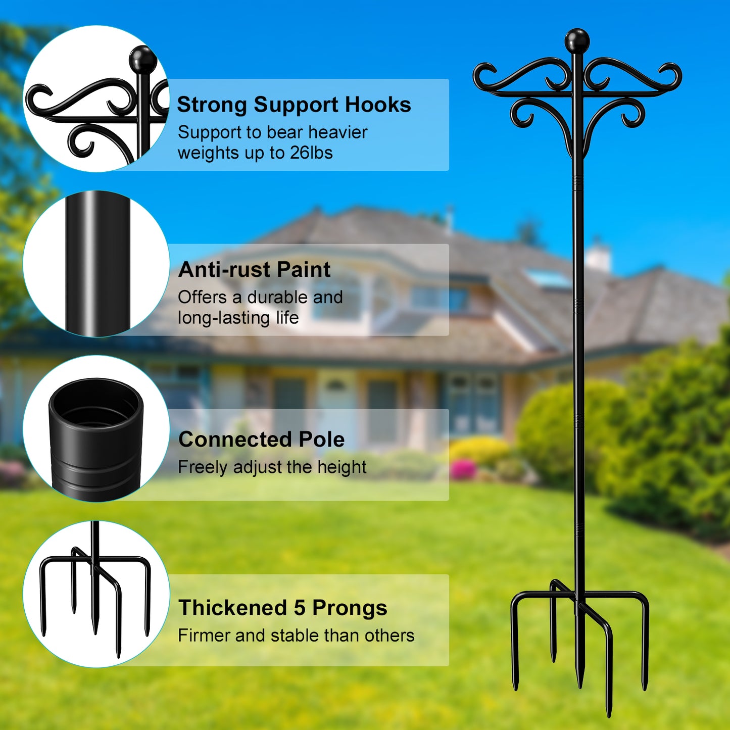 Shepherds Hooks for Outdoor, 76" Double Bird Feeder Poles with 5 Prongs, Adjustable Outdoor Plant Hanger Hooks for Bird Feeder, Plant Baskets, Lanterns, Wedding Decor(2 Pack)