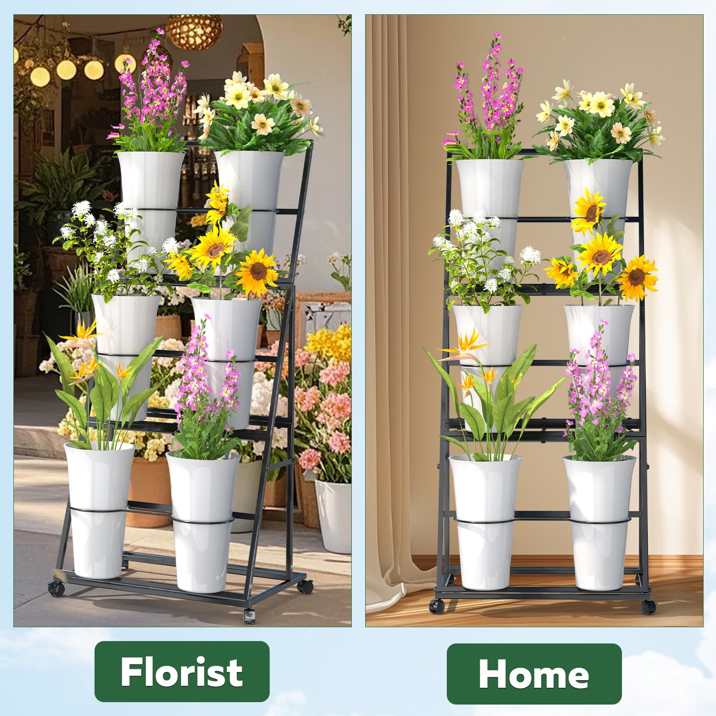 Flower Display Stand, 3 Layers Metal Plant Stand with Wheels, Multi-Purpose Storage, for Florist Indoor Wedding Dector, Black