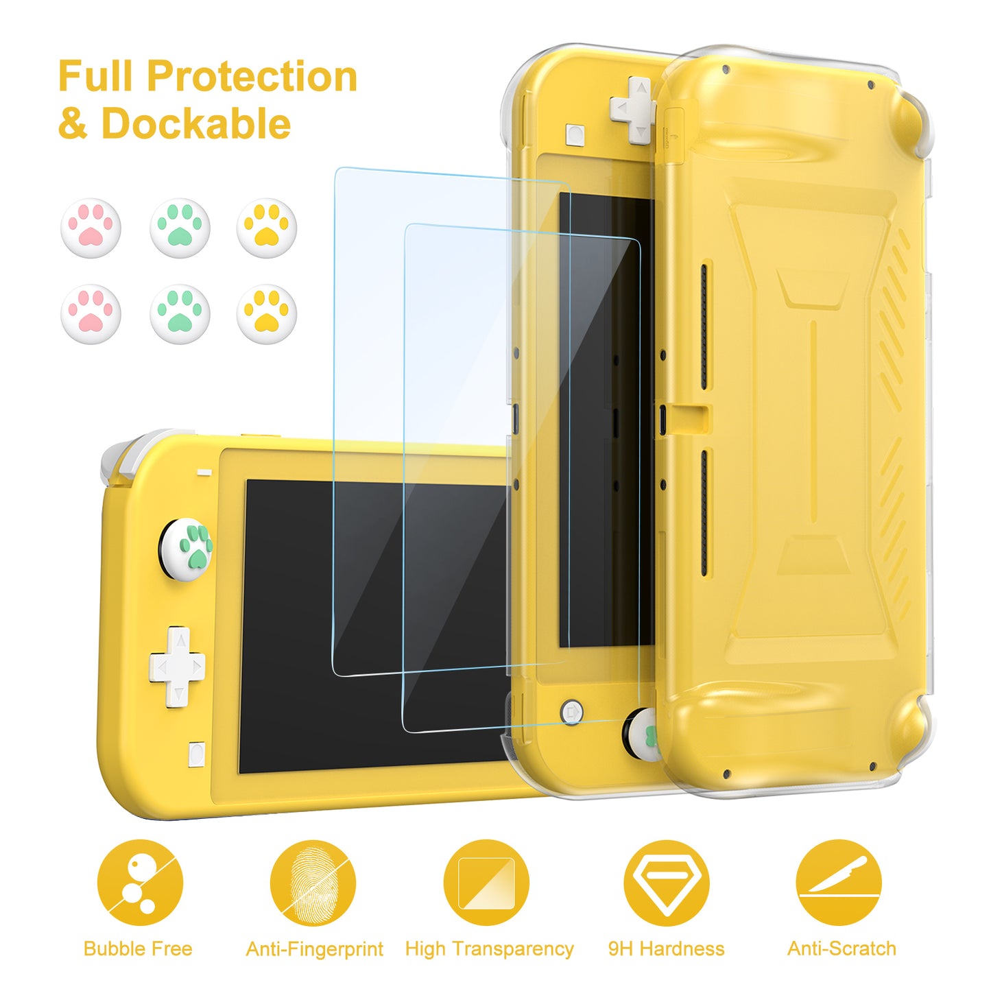 Switch Lite Case, 17 in 1 Switch Lite Accessories Bundle with Lite Carrying Case, Game Case, Screen Protector, Stand, Thumb Grips - Yellow