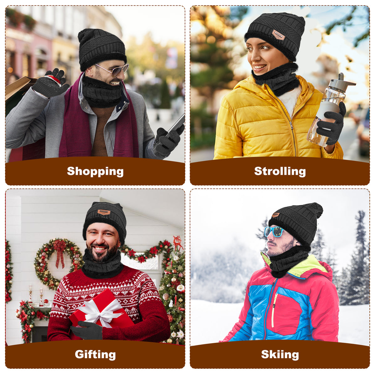 3 PCS Winter Warm Set, Winter Gloves Beanie Hat Neck Scarf Cold Weather Accessories for Men & Women - Gray